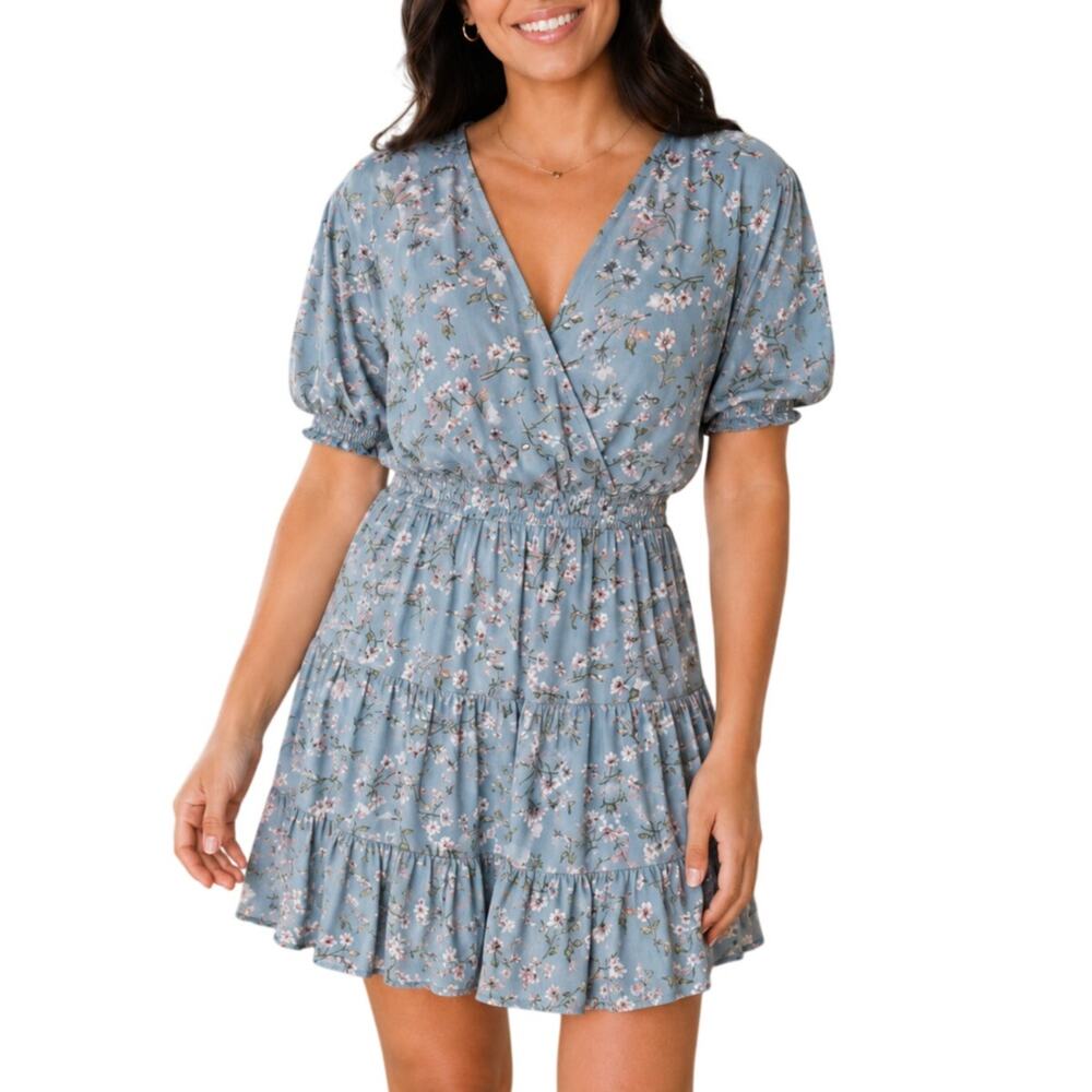 WAYF Dusty Blue Floral Mini Dress XL NWT Wedding Guest Garden Party